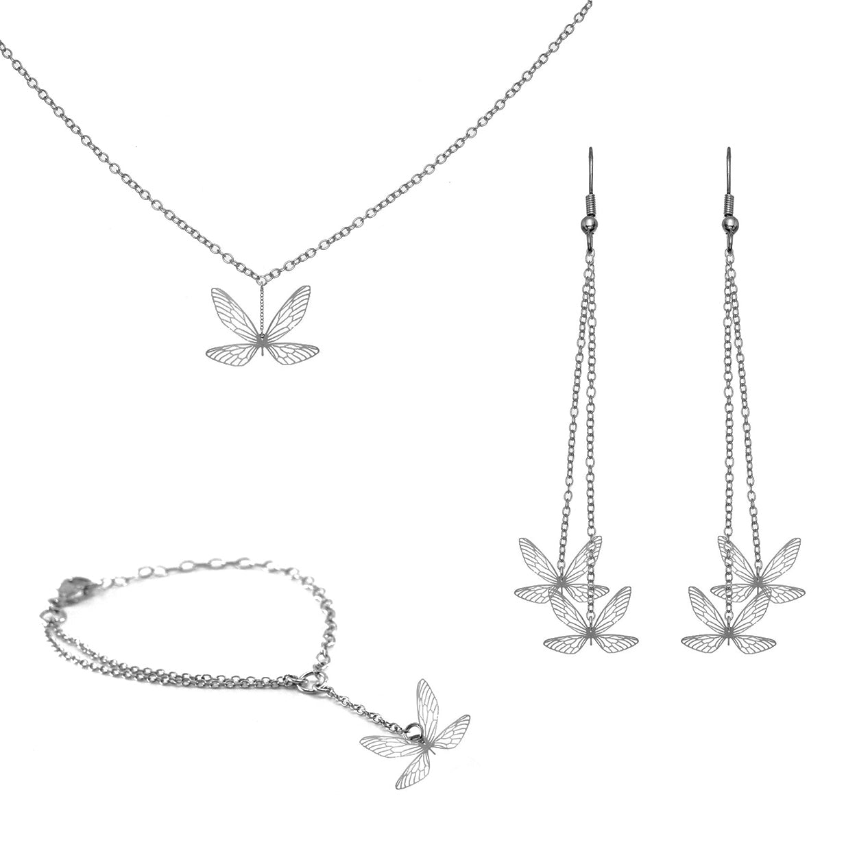 Rael Cohen Butterfly Charm Bracelet Earrings And Layered Necklace Gift Set In Silver
