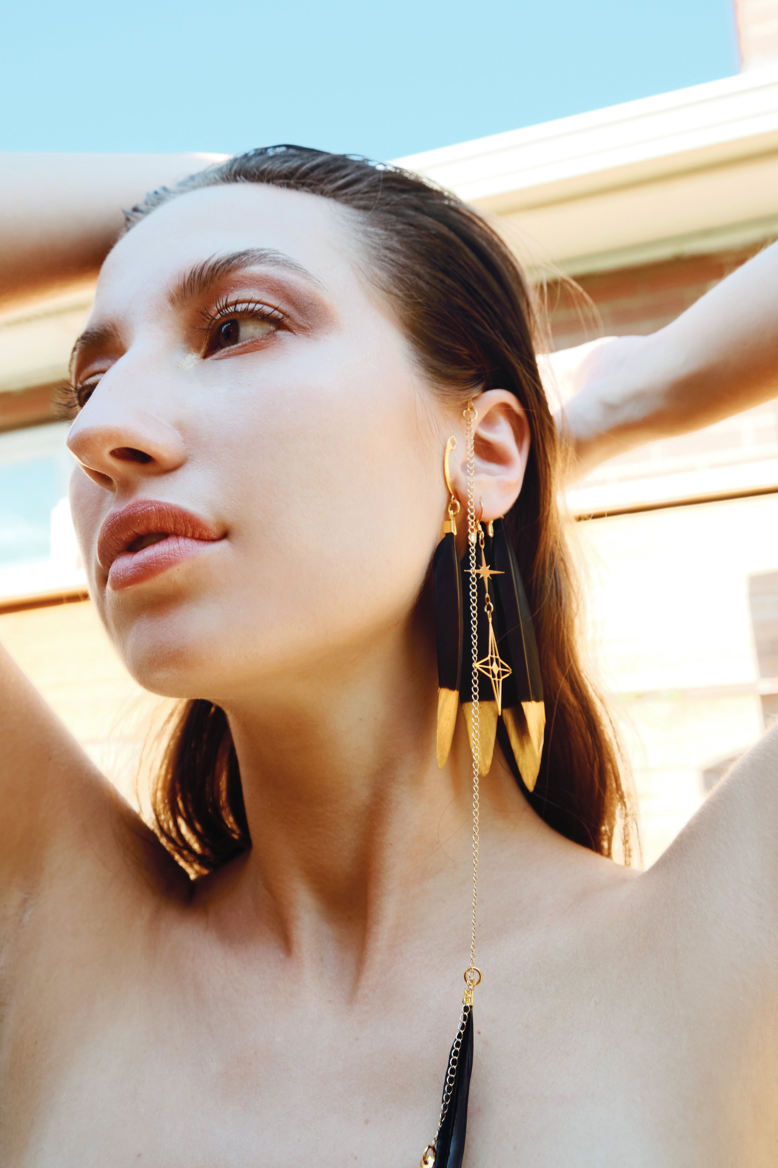 Rael Cohen Black And Gold Feather Ear Cuff With North Star Earrings In Gold