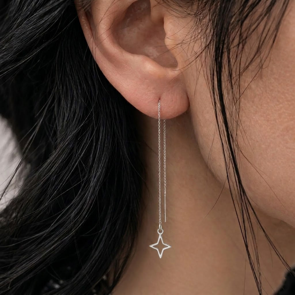 Silver Moon and Star Threader Earrings