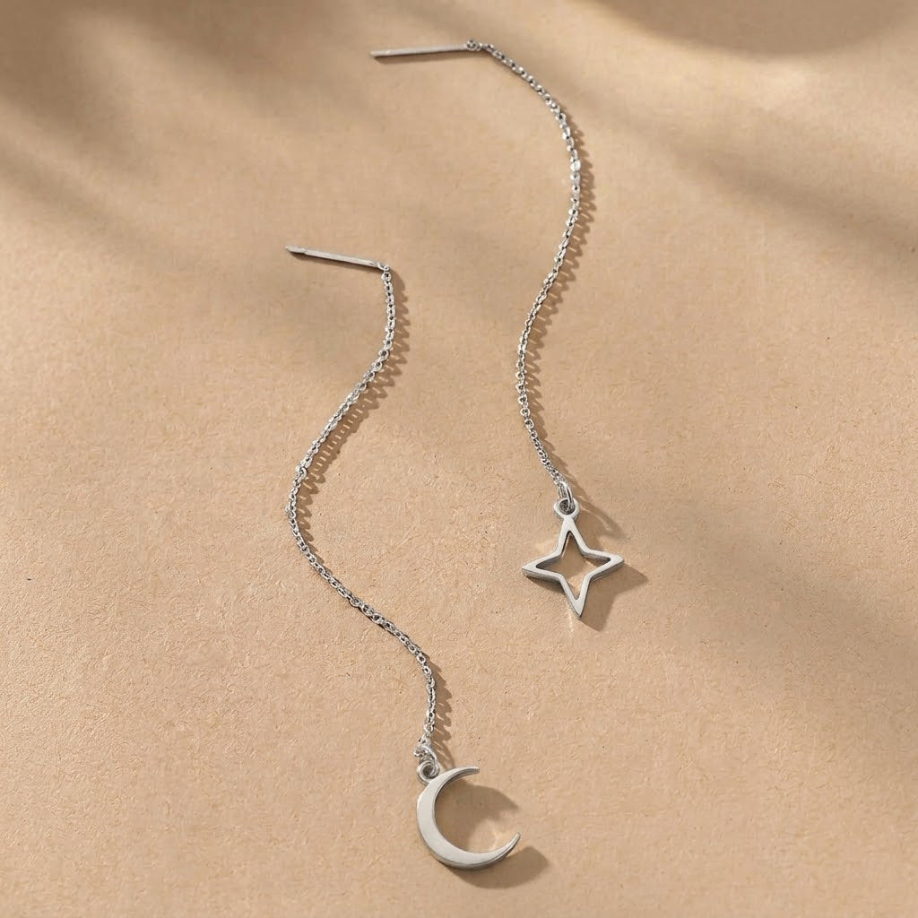 Silver Moon and Star Threader Earrings