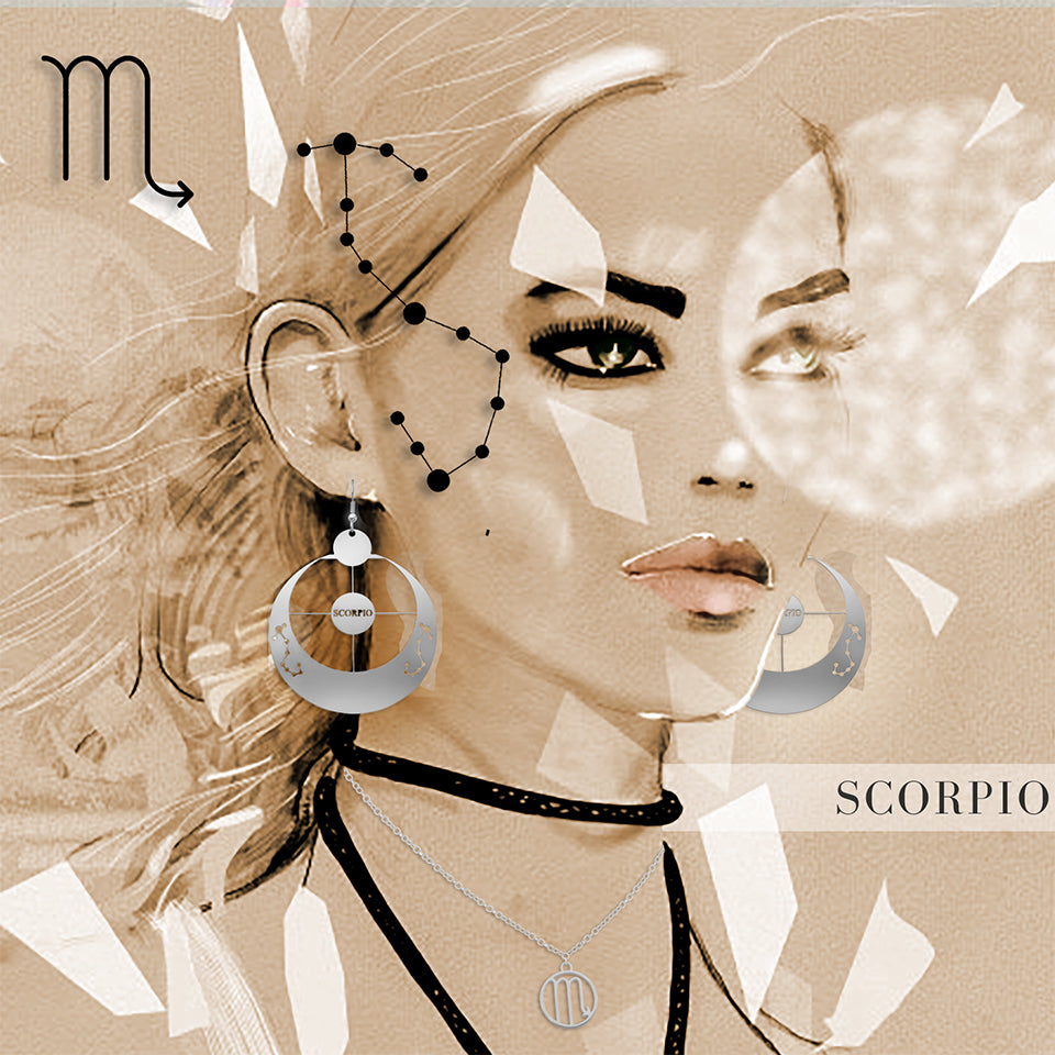A black and white picture of the Scorpio zodiac sign