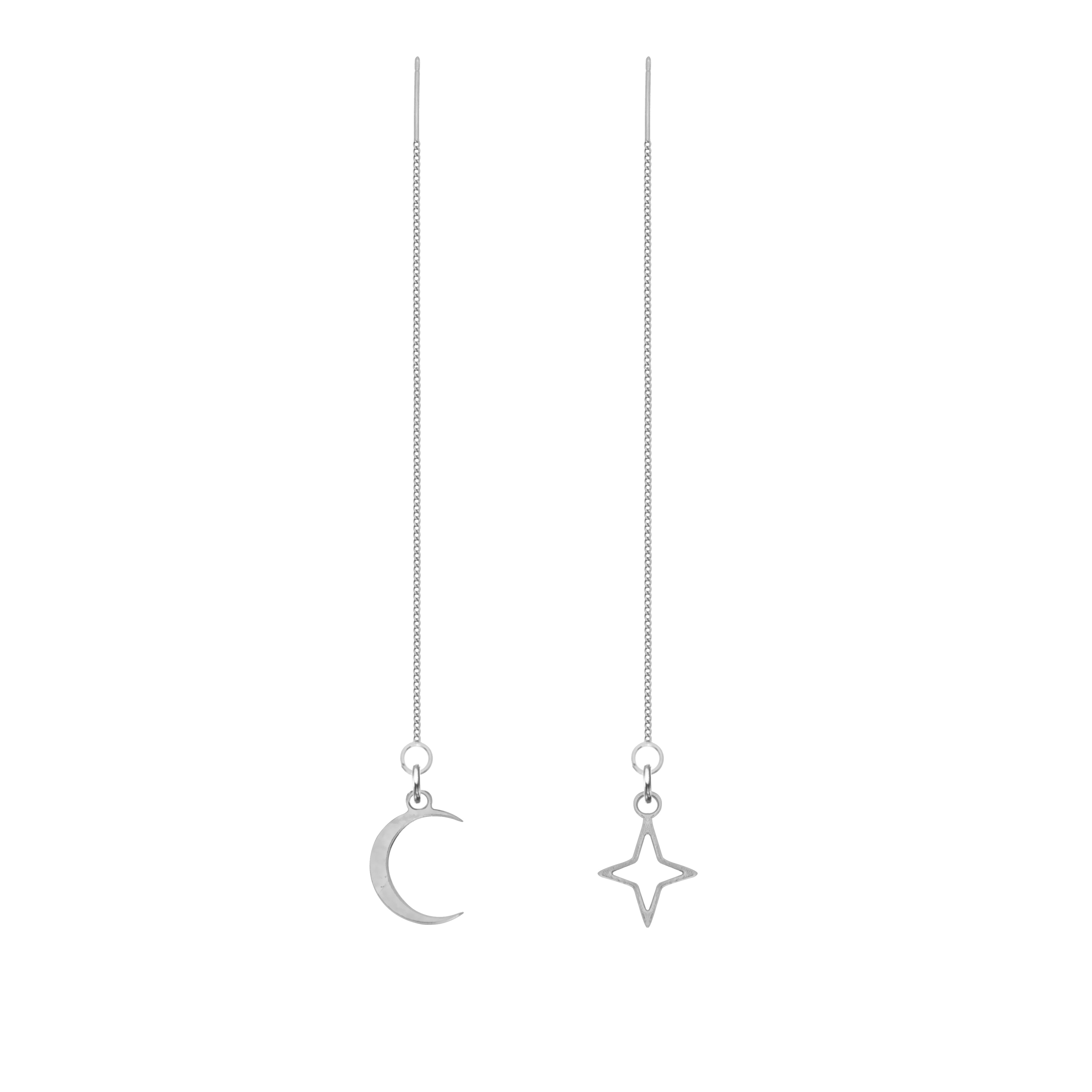 stainless steel threader earrings with moon and stars
