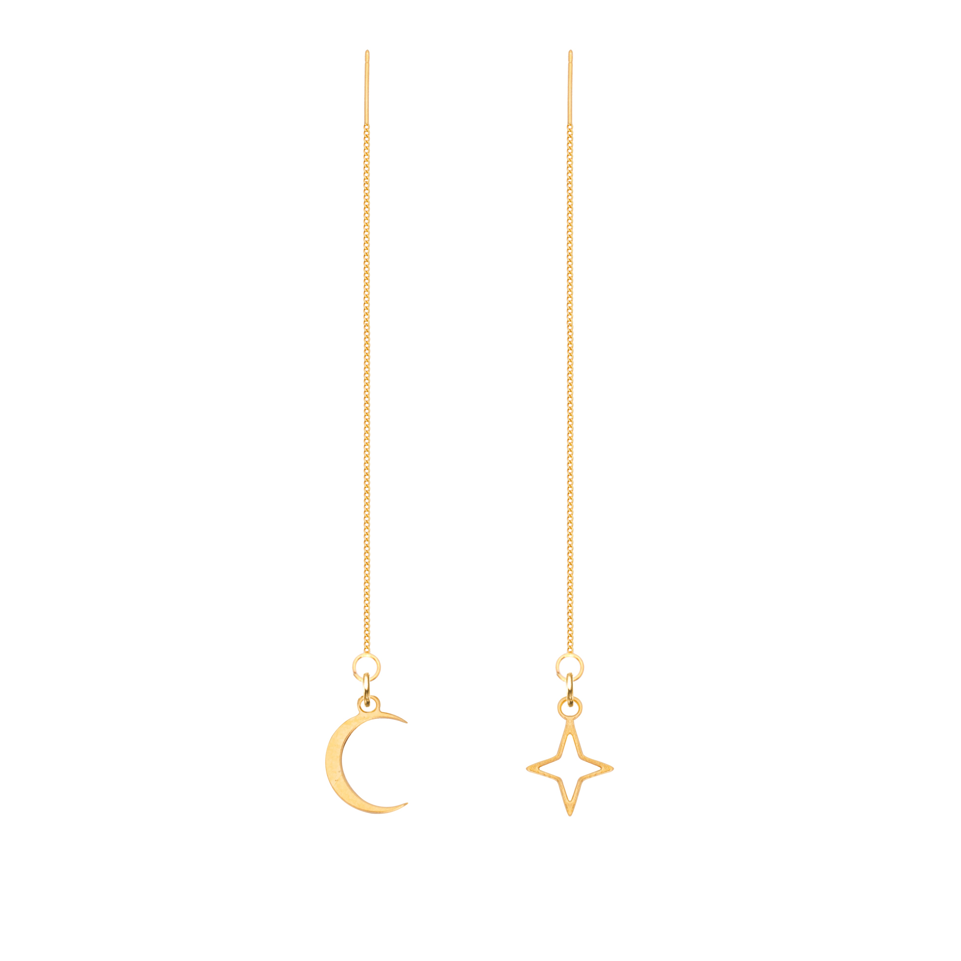 gold threader earrings with moon and stars